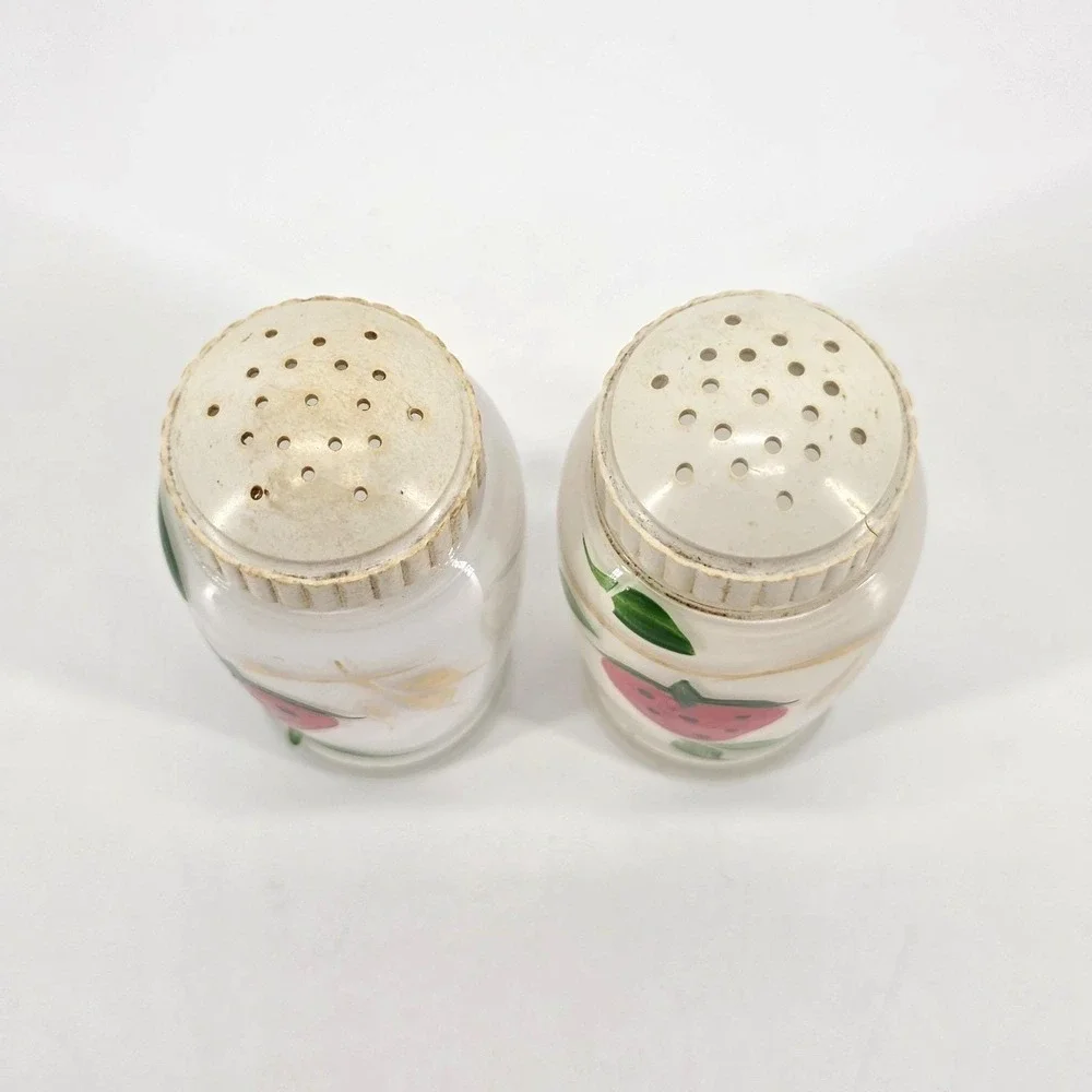 Vintage Bartlett Collins Painted Strawberry Milk Glass Salt & Pepper Shakers Set